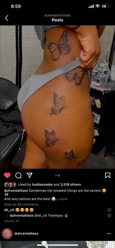 Butterfly Body Tattoo, Unique Side Thigh Tattoos, Cool Hip Tattoos For Women, Butterflies Going Up Side Tattoo, Cute Back Tattoos For Women Unique, Lower Back Tats Black Women, Thigh Tats For Black Women, Butterflies Going Up Leg Tattoo, Black Baddie Tattoos