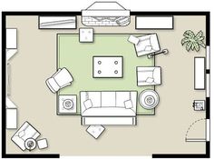 a drawing of a living room with couches, tables and lamps in it's center