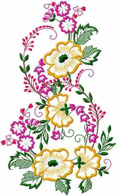 an embroidery design with flowers and leaves on it's side, in yellow and pink colors