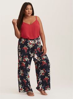 Navy Floral Print Challis Wide Leg Pants, Curvy Wardrobe, Floral Pants Outfit, Wide Leg Pants Outfit, Leg Pants Outfit, Community Boards, Trendy Plus Size Clothing, Women Blouses