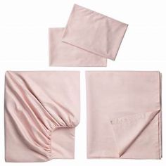 four pieces of pink bedding on a white background with one folded and the other unwrapped