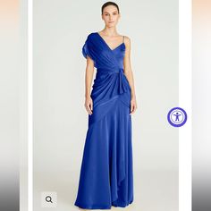 From The Evening Collection. Cut In An Asymmetric Silhouette, This Lustrous Draped Satin Gown Is Complete With One Pleated Short Sleeve And A Self-Tie Waist. Asymmetric V-Neck One Short Sleeve Spaghetti Strap Self-Tie Waist Concealed Back Zip Lining: 100% Polyester 100% Polyester Dry Clean Imported Never Opened Or Taken Out Of Dress Bag Still Has Tags Brand New Pre-draped Ruched Gown With Asymmetrical Neckline, Pre-draped Asymmetrical Gown With Ruched Details, Asymmetrical Neckline Pre-draped Ruched Gown, Asymmetrical Pre-draped Evening Dress For Gala, Pre-draped Bridesmaid Dress With Asymmetrical Neckline, Asymmetrical Evening Dress With Ruched Bodice, Pre-draped Asymmetrical Evening Dress For Gala, Asymmetrical Ruched Dress For Wedding, Asymmetrical Ruched Wedding Dress