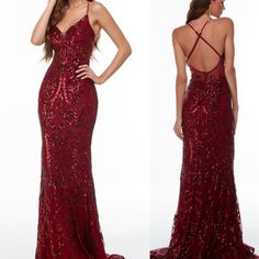 Beautiful Pre-Loved Alyce Sequin Prom Dress Cherry Red 61129 Feel Like A Million Bucks In This Gorgeous Long Slim Fitting Formal Gown Designed By Alyce Paris. 61129, Showcases A V Neckline, Thin Straps That Clip Onto The Sides Creating A Crisscross Back. The Entire Gown Is Adorned With Sequined Detail Pattern. A Train That Will Sway With You Size: 0 Bust 32/34b Minimum Stretch Per Website Back Style: Crossed Straps, Low Open, Sheer, Zipper Up Embellishment: Sequins Fabric: Sequined Feature: Open Burgundy Prom Dress Long Fitted, Wine Red Dress Prom, Cherry Red Prom Dress, Beaded Prom Dress Fitted, Dark Red Prom Dress Long, Prom Dresses Red Burgundy, Red Sequin Dress Long, Senior Prom Dresses Long, Red Formal Dress Long