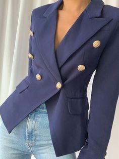 PENELOPE Double-Breasted Blazer in Blue Chic Blue Business Blazer, Elegant Blue Blazer With Button Closure, Elegant Blue Blazer With Double-breasted Button, Chic Navy Blazer With Button Closure, Blue Blazer With Button Closure For Party, Elegant Navy Blazer With Buttons, Elegant Blue Double-breasted Blazer, Blue Double-breasted Outerwear For Office, Chic Navy Double-breasted Blazer