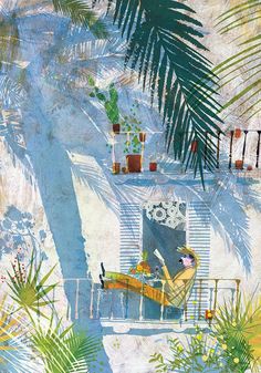 a painting of a person sitting at a table in front of a palm tree and potted plant