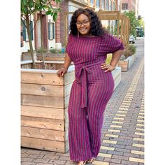 This Striped Jumpsuit Features, A Stretchy Fabric, Off Shoulder Neckline, Wide Bell Bottom, Self Tie Waist Strap, No Closures. Model Is Wearing A 1x 62% Nylon 38% Metallic Made In The Usa Purple Short Sleeve Jumpsuits And Rompers For Summer, Purple Casual Party Jumpsuits And Rompers, Casual Purple Jumpsuits And Rompers For Party, Casual Purple Jumpsuits And Rompers For Night Out, Striped Jumpsuit, Waist Strap, Bell Bottom, Stretchy Fabric, Bell Bottoms