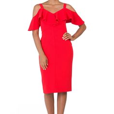 Pop-Over Flounce Top, Lined Dress, V-Neck, Cold Shoulder Sleeve, Stretchy. This Dress Is Such An Eye-Catcher And You Will Be Noticed Wearing It. Feel Free To Ask Me Any Questions. Red V-neck Dress For Spring Date Night, Chic Red V-neck Midi Dress, Red V-neck Midi Dress For Date Night, Spring Red V-neck Dress For Night Out, Red Fitted V-neck Dress For Date Night, Chic Red Knee-length V-neck Dress, Red V-neck Dress For Spring Formal, Red V-neck Dress For Formal Spring Occasions, Red V-neck Dress For Night Out In Spring