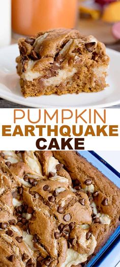 Pumpkin Earthquake Cake - This easy Pumpkin Earthquake Cake is perfect for fall! It's made with a moist, spice cake mix that's been doctored up with canned pumpkin, pumpkin spice and more. There's a cream cheese filling swirled into a  pumpkin spice cake and milk chocolate chips sprinkled on top. #falldesserts #pumpkinspice #pumpkinrecipe #pumpkincake #dessertfoodrecipes #cookiedoughandovenmitt Moist Spice Cake, Pumpkin Spice Cream, Earthquake Cake, Pumpkin Treats, Spice Cake Recipes, Traditional Pumpkin