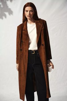 By Anthropologie Faux-Suede Trench Coat | Anthropologie Long Brown Suede Jacket Outfit, Suede Trench Coat, Medium Tv Show, Rugby Fashion, Suede Blazer, Barbour Jacket, Brown Fits, Technology Fashion, Cuffed Jeans