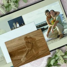 two women are posing for pictures with their wedding photos