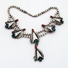 "Native American Navajo sterling silver child's necklace, featuring beaded strands with figural blossom elements and matching pendant, decorated with Turquoise and Coral insets. This majestic necklace is 16 1/4\" long, 3 7/8\" wide and weighs 83.8 grams. EA260" Turquoise And Coral, Star Pendant Necklace, Business Checks, Kids Necklace, Coral Turquoise, Necklace Sterling Silver, Star Pendant, Etsy Shipping, Silver Turquoise