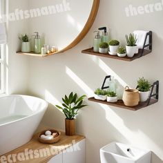 three wooden shelves with plants and soaps on them in front of a bathtub