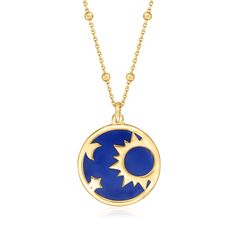 Ross-Simons - Italian Blue Enamel Celestial Necklace in Gold Over Sterling. 18". Your great style? It's written in the stars. Embrace a celestial spirit with our charming necklace from Italy, featuring midnight blue enamel and a trio of symbols inspired by the skies above. Finely crafted in 18kt yellow gold over sterling silver. Satin and polished finishes. Cable chain features petite bead stations and a 2" extender. Lobster clasp, blue enamel celestial necklace. Blue Sun And Moon Pendant Necklace, Blue Celestial Necklaces With Sun And Moon Design, Celestial Blue Round Necklaces, Blue Celestial Round Necklaces, Celestial Blue Necklaces, Celestial Spirit, Italian Blue, Written In The Stars, Celestial Necklace