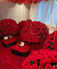 many red roses are arranged in the shape of heart - shaped boxes with tags on them