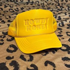 “Howdy Honey” Yellow Trucker Hat. From American Honey Salon. Never Worn/ Brand New Condition. No Tags. Trendy Adjustable Yellow Hat, Trendy Yellow Trucker Hat With Curved Brim, Yellow Trucker Hat For Summer, Trendy Yellow Trucker Hat For Spring, Trendy Yellow Snapback Hat, Trendy Yellow Hat One Size Fits Most, Trendy Yellow Hat, Trendy Yellow Snapback Trucker Hat, Yellow Adjustable Trucker Hat For Spring