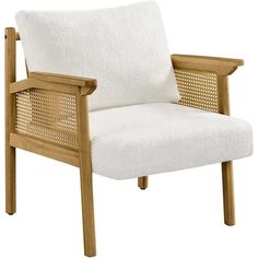 a wooden chair with a white cushion on the back and armrests that are made out of wood