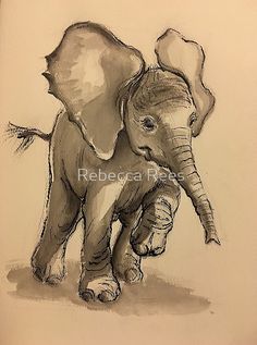 a drawing of an elephant with its trunk in the air and it's head down