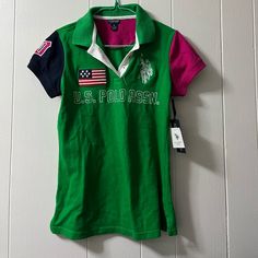 New With Tag Looks Exactly Like The Pictures Sporty Green Polo Shirt With Graphic Print, Green Short Sleeve Polo Shirt With Graphic Print, Green Cotton Polo Shirt With Graphic Print, Green Short Sleeve Top With Logo Print, Pink Polo Shirt, Casual Shirt Women, Polo Tees, Us Polo Assn, White Polo