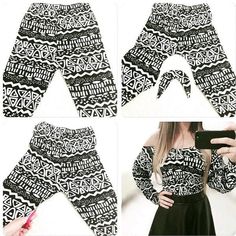 three pictures of the same pants with different patterns on them, one is black and white