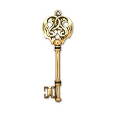 a golden key with an ornate design on it's side, hanging from a chain