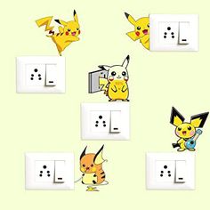 the pikachu and other pokemon stickers are arranged around the light switch plates