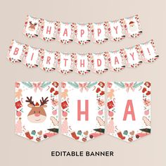 a happy birthday banner with reindeers and christmas decorations on it, including the letter h