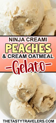 two scoops of ice cream in a bowl with the words gelato below it