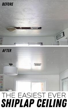 before and after photos of the ceiling in a room with white paint, light coming from an air conditioner