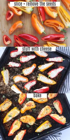 the ingredients for stuffed peppers are shown on a baking sheet, and in a pan