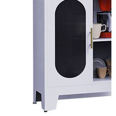 the cabinet is white with black trim and has shelves for dishes, cups, and mugs