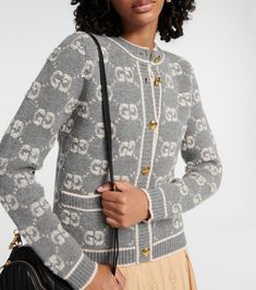 Find GUCCI Gg Wool Bouclé Jacquard Cardigan on Editorialist. Material: 100% wool. Care instructions: hand wash. Made in Italy. Designer color name: Grey/Ivory. Closure: buttoned front. Designer Gucci Jacquard Knit Cardigan, Gucci Designer Jacquard Knit Cardigan, Designer Wool Jacquard Knit Sweater, Designer Wool Sweater With Jacquard Knit, Elegant Jacquard Knit Cardigan For Winter, Luxury Wool Jacquard Knit Sweater, Designer Long Sleeve Jacquard Knit Cardigan, Designer Jacquard Knit Winter Cardigan, Luxury Jacquard Knit Sweater For Fall