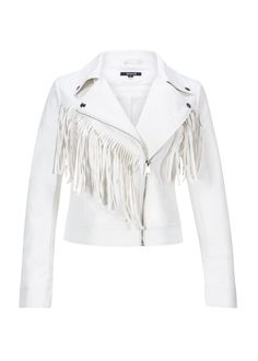 White Long Sleeve Outerwear With Tassels, White Spring Outerwear With Tassels, White Tasseled Outerwear For Spring, Fitted Outerwear With Tassels For Spring, Fitted Spring Outerwear With Tassels, White Edgy Leather Jacket For Winter, Edgy White Leather Jacket For Winter, Spring Biker Jacket With Fringe, Long Sleeve Biker Jacket With Fringe For Spring