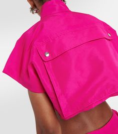 Cropped Satin Jacket in Pink - La Quan Smith | Mytheresa Fitted Cropped Jacket In Pink, Cropped Summer Outerwear With Button Closure, Cropped Summer Outerwear With Buttons, Cropped Summer Jacket With Pockets, Trendy Cropped Pink Outerwear, Trendy Pink Cropped Outerwear, Summer Cropped Jacket With Pockets, Cropped Jacket With Pockets For Summer, Cropped Pink Outerwear For Work