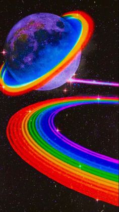 an artist's rendering of a rainbow - colored planet and its rings in space