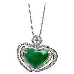 Green Jadeite Jade Heart Cabochon and Diamond Pendant, Certified Untreated For Sale at 1stDibs Elegant Heart-shaped Jade Jewelry, Diamond Drop Pendant, Vintage Pendant Necklace, Carved Heart, Diamond Jewelry Designs, Diamond Settings, Diamond Drops, Stone Heart, Jade Pendant