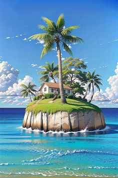 an island with palm trees and a house on it in the middle of the ocean