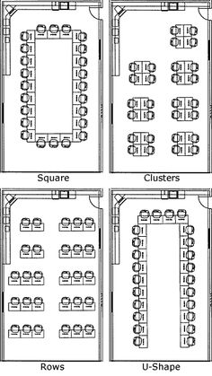 the floor plan for a conference room with four tables and six chairs, all in different positions