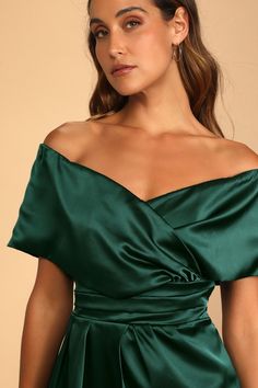 Lulus Exclusive! The party seems to follow the Lulus Always Celebrating Dark Green Satin Off-the-Shoulder Mini Dress! Sleek woven satin sweeps across an off-the-shoulder neckline (with hidden no-slip strips), a surplice bodice, and short sleeves. Gathered high waist sits above a mini skirt with an asymmetrical overlapping panel. Hidden back zipper/clasp. Fit: This garment fits true to size. Length: Mid-thigh. Size small Bust: Works best for A to C cup sizes. Waist: Fitted - very fitted at natura Dark Green Satin Dress, Mini Dress Satin, Green Satin Dress, Vibrant Dress, C Cup, Cup Sizes, Dress Satin, Satin Mini Dress, Asymmetrical Skirt