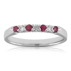 Rubies and diamonds in a classic band, makes this ring perfect for an anniversary or wedding. 14k White Gold Eternity Band With Diamond Accents, Classic Bands With Diamond Accents And Cubic Zirconia, Fine Jewelry Diamond Bands With Round Cut, Fine Jewelry Bands With Diamond Accents In Round Cut, Classic Ruby Ring For Promise With Prong Setting, Elegant Diamond White Ruby Ring, Fine Jewelry Diamond Bands With Prong Setting, Formal Diamond Ring With Pave Setting, Formal Diamond White Half Eternity Rings