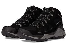 a pair of black hiking boots on a white background