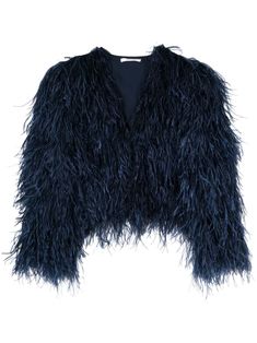 navy blue all-over feather appliqué V-neck long sleeves full lining straight hem open front Long Sleeve Feather Outerwear For Fall, Long Sleeve Feathered Outerwear For Fall, Chic Long Sleeve Feathered Outerwear, Fall Long Sleeve Blazer With Feather Trim, Feathered Long Sleeve Blazer For Fall, Feathered Long Sleeve Evening Outerwear, Long Sleeve Evening Outerwear With Feathers, Evening Long Sleeve Outerwear With Feathers, Evening Blazer With Feather Trim And Long Sleeves