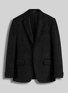 Maximize the versatility of your tweed collection by adding up this Black Flecks Donegal Tweed suit. Crafted from woolen fabrication, the suit with its traditional color flecking makes for a comfortable, high toned, and professional-looking way to tackle the cold weather. The Donegal tweed has helped keep the tradition of tweed alive, also injecting new life and energy into this iconic cloth. Pair it with a matching waistcoat, a white shirt, and black shoes to seal the ensemble.  Look Includes   Black Flecks Donegal Tweed Fabric  Two Button Jacket Style  Notch Lapel  Horn Royal Black Buttons  Single Vent  Three Cuff Buttons  Two welted back pockets on trousers   Click 'Customize Now' to modify the look if needed.  Lining: Viscose, Dry Clean. Black Tweed Jacket For Semi-formal Winter Occasions, Classic Black Tweed Blazer, Black Tweed Jacket With Suit Collar For Business, Black Wool Tweed Jacket For Business, Black Tweed Jacket For Formal Occasions, Elegant Black Tweed Jacket With Welt Pockets, Formal Black Tweed Blazer, Formal Black Tweed Jacket, Black Tweed Jacket With Welt Pockets For Business