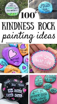 the words on rocks are written in different colors and sizes, with hearts painted on them