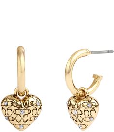 From COACH&#x2C; the Signature Logo Quilted Crystal Heart Huggie Hoop Drop Earrings feature:Brass/glass crystal/titanium postApprox. 0.75" L x 0.4" W x 0.4" Post-back closureMinimal huggies featuring dangling heart charms adorned with quilted signature sculpted C motif and delicate crystal stone accentsHypoallergenic titanium postsIncludes signature COACH jewelry pouchImported. Coach Gold Heart-shaped Jewelry, Coach Heart-shaped Gold Jewelry, Coach Earrings, Hoop Drop Earrings, Signature Quilts, Coach Jewelry, Buy List, Jewelry Lookbook, Brass Glass