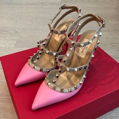 Authentic. Brand New, Never Been Worn. In Matte Pink Color, Super Adorable In Person. Comes With Original Valentino Box, Dust Bag, And Also The Receipt From Nordstrom. Made In Italy. Valentino Studded Heels, Valentino Heels, Gold Strappy Heels, Valentino Garavani Shoes, Caged Heels, T Strap Heels, Matte Pink, Studded Heels, Leather Heels Sandals