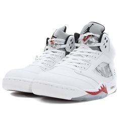 Nike Supreme x Air Jordan 5 Retro 'White' White/Fire Red-Black Basketball Shoes/Sneakers White Jordan Shoes With Air Cushioning For Streetwear, White Mid-top Basketball Shoes With Air Cushioning, White Basketball Shoes With Air Cushioning For Streetwear, White High-top Custom Sneakers With Air Cushioning, White High-top Sneakers With Air Cushioning For Light Sports, White Jordan Shoes For Streetwear, White Custom Sneakers With Cushioned Footbed For Streetwear, Custom White Sneakers With Cushioned Footbed For Streetwear, Summit White Lace-up Sneakers