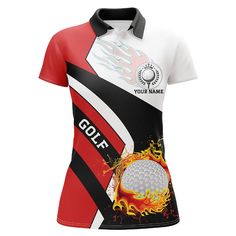 a women's golf shirt with flames on the front and back, featuring an image of a flaming ball