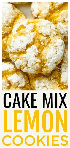 lemon cookies with powdered sugar on top and text overlay reading cake mix lemon cookies