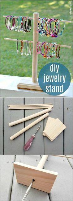 the diy jewelry stand is made out of wood