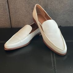 White Franco Sarto Loafers. Never Worn But Scuffs On Sole From Trying On. Leather Upper, Man Made Sole. White Pointed Toe Slip-ons For Work, White Flats With Textured Sole For Work, White Moccasins For Business In Spring, White Round Toe Flats For Business, White Flat Loafers For Business, White Flats With Leather Sole For Work, White Leather Sole Flats For Workwear, White Flat Loafers For Office, Formal White Flats Medium Width